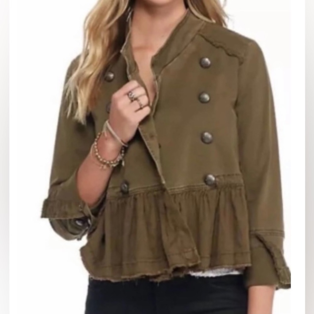 FREE PEOPLE Womens Olive Green Military Ruffle Hem Jacket Size XS